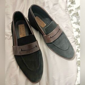 MAKE AN OFFER - ARFIN Black Suede Penny Loafers Brown Leather Details